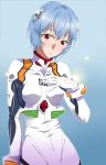  bad_id blue_hair blush bodysuit hand_on_chest hand_on_own_chest highres line9 neon_genesis_evangelion plugsuit red_eyes short_hair simple_background skin_tight solo 