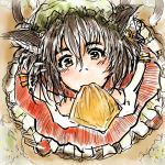  chen daro face food foreshortening from_above mouth_hold sketch touhou 