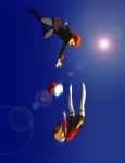  falling hat kotone_(pokemon) morphine_(pixiv) motion_blur pokemon pokemon_(game) pokemon_gsc silver_(pokemon) silver_(pokemon)_(remake) sky sun thighhighs 