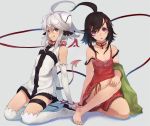  2girls :p :q ahoge bare_shoulders barefoot black_eyes black_hair boots brown_eyes brown_hair choker collar cross cuffs demon_tail elbow_gloves face feet gloves hair_ornament hairclip handcuffs heterochromia highres holding_hands jewelry kiko_(siting_zeng) kneeling koki_(siting_zeng) leash multiple_girls necklace orange_eyes original red_eyes shirabi_(life-is-free) sitting symbol-shaped_pupils tail thigh-highs thigh_boots thigh_strap thighhighs tongue white_hair white_legwear wings 