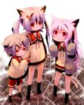  3girls animal_ears child eyebrows_visible_through_hair frown looking_at_viewer nekomimi pink_hair red_skirt skirt smile socks tagme tanaka_nyan 