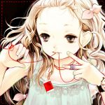  blonde_hair child grey_eyes hands mouth_hold nire original solo string 