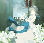  closed_eyes dress erect_nipples flower highres lily_(flower) nier silver_hair solo yonah 