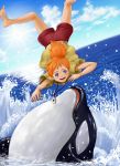  flat_chest loli nanami_simpson nanatsu_no_umi_no_tico necklace ocean orange_hair ponytail red_shorts sea shirt shorts sky sun whale yellow_shirt 