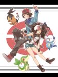  baseball_cap blue_eyes brown_eyes brown_hair denim denim_shorts hat jacket oshawott poke_ball pokemon pokemon_(game) pokemon_black_and_white pokemon_bw ponytail shorts snivy tepig touko_(pokemon) touya_(pokemon) una vest 