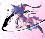  blue_hair cat_ears cat_tail character_request fingerless_gloves gloves ink mofu ninja petals ponytail red_eyes side_slit slashing sword tail thigh-highs thighhighs weapon 