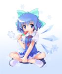  bad_id blue_eyes blue_hair bow cirno eating elixir_(pixiv) hair_bow popsicle short_hair solo suika_bar touhou wings 