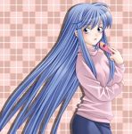  blue_hair ghost_sweeper_mikami gift highres himuro_kinu long_hair phone sweater tamamon valentine 