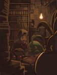  1boy book bookshelf chikorita gold_(pokemon) hat library light_bulb lightbulb moiko oddish poke_ball pokemon pokemon_(creature) pokemon_(game) pokemon_gsc reading studying 
