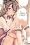  1girl brown_hair detached_collar detached_sleeves happy_birthday ivioss knees_together_feet_apart leg_hug long_hair love_live!_school_idol_project minami_kotori neck_ribbon puffy_detached_sleeves puffy_sleeves ribbon sitting smile socks solo white_legwear window yellow_eyes 