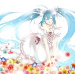  absurdres aqua_hair breasts cleavage closed_eyes dress eyes_closed flower frills hai_ribbon hair_flower hair_ornament hair_ribbon hatsune_miku highres open_mouth ribbon singing solo twintails vocaloid 
