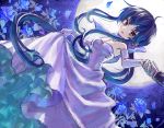  blue_eyes blue_hair dutch_angle elbow_gloves gloves gown highres kanon kawasumi_mai long_hair moon ponytail 