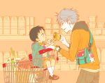  2boys age_difference bag brown_hair casual child food grey_hair ikari_shinji lilith_(evangelion) messenger_bag multiple_boys nagisa_kaworu neon_genesis_evangelion shop shopping shopping_cart shoulder_bag twoframe young 