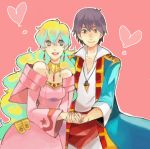 1girl adult blue_hair core_drill couple dress drill earrings hand_holding heart holding_hands jewelry long_hair multicolored_hair necklace nia_teppelin pink_dress simon simple_background tengen_toppa_gurren_lagann 
