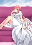  aoten breasts couch dress finger_to_mouth impossible_clothes impossible_dress large_breasts long_hair pink_hair purple_eyes sitting solo violet_eyes 