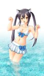  bikini black_hair bow breasts cat_ears cat_pose cleavage front-tie_top fukuoka_katsumi k-on! nakano_azusa navel paw_pose skirt solo swimsuit twintails wading water yellow_eyes 