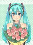  aqua_hair bouquet flower hatsune_miku headphones long_hair rose smile tin_lamp very_long_hair vocaloid 