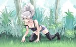  as-special bare_shoulders black_legwear black_thighhighs breasts camisole cleavage darker_than_black down_blouse grey_eyes hei outdoors satou_atsuki shorts silver_hair strap_slip thigh-highs thighhighs yin 