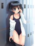  amagami black_hair blue_eyes competition_swimsuit locker_room nanasaki_ai one-piece_swimsuit school_uniform swimsuit swimsuit_under_clothes tateichi undressing 