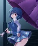  blue_hair codemofel hand_on_hip heterochromia highres impossible_clothes impossible_shirt red_eyes shirt short_hair solo tatara_kogasa touhou umbrella wind_lift 