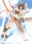  belt bird boots bow bow_(weapon) brown_hair cloud clouds crop_top midriff navel ragnarok_online shilin shorts sky sniper_(ragnarok_online) weapon winged_shoes yellow_eyes 