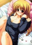  bare_shoulders blonde_hair blush breasts cleavage highres sweater_dress 