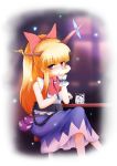  alternate_hairstyle artist_request bad_id blonde_hair blush bow chain chains crossed_legs ging_(tokushima) glass gourd hair_bow hand_on_own_face highres horns ibuki_suika long_hair orange_hair purple_eyes sitting solo table touhou violet_eyes wrist_cuffs 
