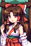  1girl ai-generated bow brown_hair hair_bow hair_tubes hakurei_reimu japanese_clothes long_sleeves miko newcome open_mouth red_eyes smile solo touhou wide_sleeves yuitia 