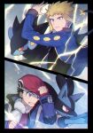  2boys black_border black_shirt blonde_hair blue_eyes blue_jacket border clenched_hand clenched_teeth closed_mouth colored_sclera electricity hat highres jacket lucario lucas_(pokemon) luxray male_focus multiple_boys open_clothes open_jacket oshi_taberu pokemon pokemon_(creature) pokemon_(game) pokemon_dppt red_eyes red_headwear red_sclera scarf shirt spiky_hair teeth volkner_(pokemon) white_scarf yellow_eyes 