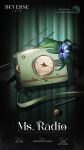  blue_flower character_name copyright_name english_text floating flower green_background green_curtains highres logo ms._radio no_humans official_art radio radio_antenna reverse:1999 spotlight still_life zinnia 