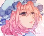  1girl blue_headwear commentary_request hat looking_at_viewer mob_cap nagare parted_lips pink_background pink_eyes pink_hair portrait saigyouji_yuyuko short_hair solo touhou triangular_headpiece twitter_username 