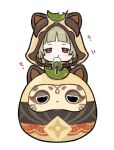  1girl chibi dango eating food genshin_impact green_hair hood hood_up leaf leaf_on_head looking_at_viewer marimo_jh muji-muji_daruma_(genshin_impact) red_eyes sanshoku_dango sayu_(genshin_impact) simple_background solo wagashi white_background 