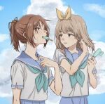  2girls aqua_neckerchief blonde_hair blue_eyes blue_sailor_collar blue_sky brown_hair clouds cloudy_sky collar_tug commentary curryisfriend double_popsicle eating food food_in_mouth hair_ornament hand_in_own_hair hands_up hibike!_euphonium kitauji_high_school_uniform looking_at_another mouth_hold multiple_girls nakagawa_natsuki neckerchief parted_lips ponytail popsicle sailor_collar school_uniform shirt short_sleeves sky sweat symbol-only_commentary teeth_hold unequal_popsicle_division white_shirt yoshikawa_yuuko 