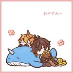  2boys black_gloves black_pants border brown_coat brown_hair chibi closed_eyes coat dragon flower genshin_impact gloves long_hair long_sleeves marimo_jh multiple_boys narwhal orange_hair pants pink_border rex_lapis_(genshin_impact) simple_background sleeping tartaglia_(genshin_impact) very_long_hair white_background zhongli_(genshin_impact) 