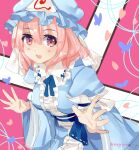  1girl :d blue_headwear blue_kimono bug butterfly cherry_blossoms commentary_request hat japanese_clothes kimono long_sleeves looking_at_viewer mob_cap nagare open_mouth pink_background pink_eyes pink_hair saigyouji_yuyuko short_hair smile solo touhou triangular_headpiece wide_sleeves 