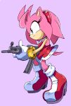  1girl absurdres amy_rose boots dress from_side full_body furry furry_female gloves green_eyes gun highres holding holding_gun holding_weapon pink_background randomguy9991 red_dress red_footwear simple_background solo sonic_(series) two-tone_footwear weapon weapon_request white_footwear white_gloves 