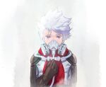  1boy arc_the_lad brown_gloves gas_mask gloves halt_(arc_the_lad) looking_at_viewer male_focus mask protected_link red_scarf save_scene_a scarf short_hair simple_background solo spiky_hair violet_eyes white_background white_hair 