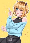  1girl absurdres black_skirt blonde_hair blue_eyes blue_jacket blue_sweater bob_cut demon_horns happy highres horns inverted_bob jacket jmfz5558 looking_at_viewer memcho one_eye_closed open_mouth oshi_no_ko simple_background skirt smile solo star_(symbol) sweater yellow_background 