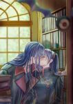  1boy 1girl black_jacket black_order_uniform blue_hair blurry blurry_foreground book book_stack bookshelf closed_eyes couple d.gray-man earrings hair_ribbon hetero highres indoors jacket jewelry kabedon kanda_yuu kiss lenalee_lee long_hair long_sleeves pnsk_pn purple_hair red_ribbon ribbon twintails upper_body 