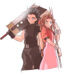  1boy 1girl aerith_gainsborough armor belt belt_buckle black_belt black_gloves black_hair black_pants blue_eyes bow bracelet brown_hair buckle cropped_jacket cross_scar curly_hair dress final_fantasy final_fantasy_vii gloves green_eyes hair_bow hair_ribbon highres holding holding_staff holding_sword holding_weapon jacket jewelry large_belt long_hair medium_hair multiple_belts open_clothes open_jacket over_shoulder pants pauldrons pink_dress red_bow red_jacket red_ribbon ribbon scar scar_on_cheek scar_on_face shoulder_armor sleeveless sleeveless_turtleneck smile spiky_hair staff standing suspenders sword tasituma2 turtleneck weapon weapon_over_shoulder zack_fair 