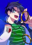  1boy absurdres black_hair blue_background blue_eyes blue_jacket bright_pupils commentary_request glint green_shirt highres inudori jacket jewelry letterman_jacket looking_at_viewer male_focus medium_bangs necklace open_clothes open_jacket open_mouth ring_necklace shirt short_hair simple_background smile solo striped striped_shirt teeth tobaku_haouden_zero ukai_zero upper_body white_pupils 