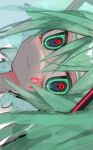  1girl closed_mouth commentary facial_mark green_eyes green_hair hair_between_eyes hair_ornament hatsune_miku highres long_hair looking_at_viewer mushi_buuun portrait sideways solo twintails vocaloid 