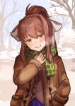  1girl :d blush breath brown_coat brown_hair brown_shirt buchi0122 buttons coat doki_doki_literature_club green_eyes green_scarf grin hair_ribbon half-closed_eyes hand_in_pocket hand_on_own_chest hand_up head_tilt long_hair long_sleeves looking_at_viewer monika_(doki_doki_literature_club) open_mouth outdoors plaid plaid_scarf ponytail purple_skirt ribbon scarf shirt sketch_background skirt smile solo straight-on toggles upper_body white_ribbon 