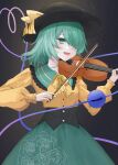  1girl adapted_costume black_background black_headwear bow_(music) commentary_request floral_print green_hair green_skirt hair_over_one_eye hat hat_ribbon highres holding holding_instrument instrument komeiji_koishi kuro_wa_shinoru long_sleeves looking_at_viewer medium_hair music playing_instrument ribbon rose_print shirt simple_background skirt solo touhou violin yellow_ribbon yellow_shirt 