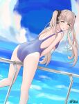  blonde_hair facing_viewer highres ocean one-piece_swimsuit robintheseal sitting sitting_on_object swimsuit twintails 