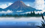  blue_sky clouds fog forest game_cg justinas_vitkus lake landscape misty_lake mountain mountainous_horizon nature no_humans official_art outdoors pine_tree plant_request reflection reflective_water sky third-party_source touhou touhou_cannonball tree 