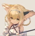  1girl animal_ears arknights bare_shoulders blonde_hair blue_hairband braid braided_hair_rings closed_mouth earpiece fox_ears fox_girl grey_background hair_rings hairband highres holding holding_staff looking_at_viewer mgmg_cc211 oripathy_lesion_(arknights) short_hair simple_background smile solo staff suzuran_(arknights) twin_braids upper_body 