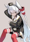  1girl amatsukaze_(kancolle) black_dress brown_background brown_eyes collarbone dress feet_out_of_frame grey_hair hair_tubes kantai_collection long_hair long_sleeves monaka_ooji red_thighhighs sailor_collar sailor_dress simple_background solo thigh-highs two_side_up white_sailor_collar 
