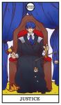  1boy akutoku_no_judgement_(vocaloid) ascot black_robe blue_ascot blue_hair coin collared_shirt curtains evil_smile evillious_nendaiki gallerian_marlon gavel gold_coin hammer highres holding holding_hammer holding_mallet holding_scale judge justice_(tarot) kaito_(vocaloid) looking_at_viewer lorehappy mallet money robe roman_numeral shirt short_hair smile solo tarot throne vocaloid white_shirt 