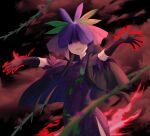  1girl aura black_gloves black_hair black_sky breasts china_dress chinese_clothes clouds commentary_request cowboy_shot dress elbow_gloves flower flower_on_head gloves grape_print highres long_hair looking_at_viewer nettian51 one_eye_covered open_mouth outstretched_arms print_dress purple_dress purple_flower short_sleeves sidelocks sky small_breasts smile solo spread_arms touhou vine_print violet_eyes yomotsu_hisami 